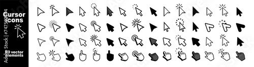 Set of Hand Cursor icons click and Cursor icons click. Pointer cursor сomputer mouse icon. Clicking cursor, pointing hand clicks icons photo