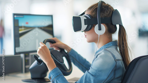Driving school. A student wearing virtual reality glasses takes an exam at a driving school. She sits in class and controls the virtual machine using the steering wheel.