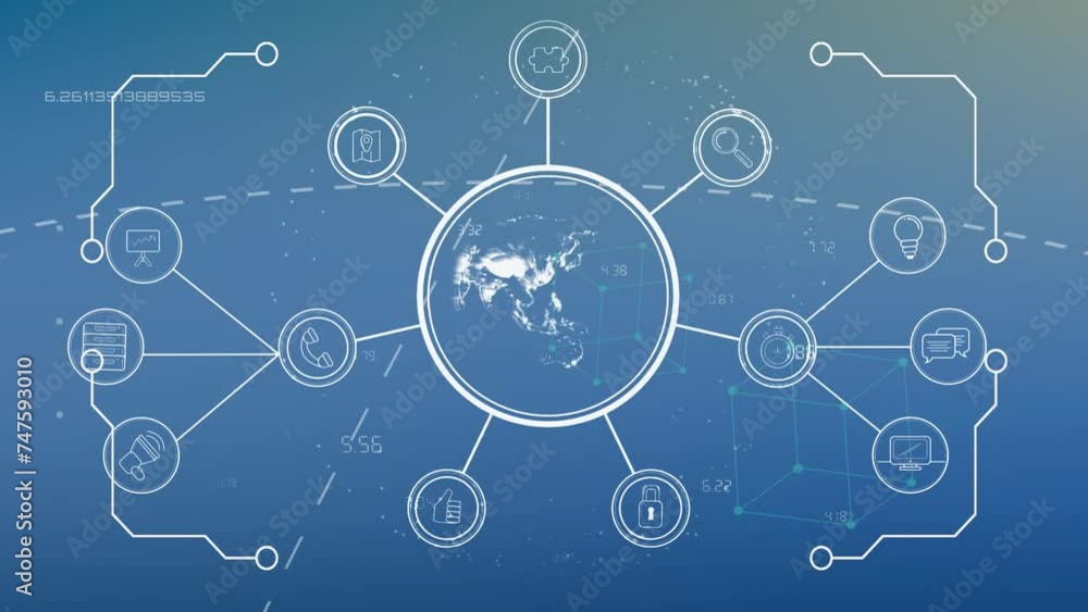 Animation of data processing and globe with icons over white frame Animation of data processing and globe with icons over white frame