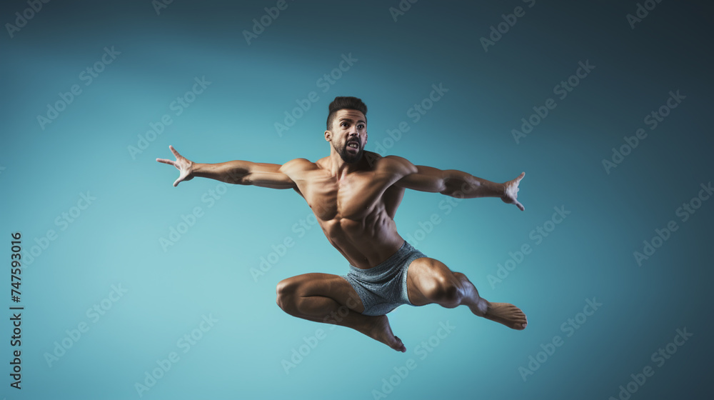 Sporty man jumping. Dynamic movement. Side view. Sport and healthy lifestyle