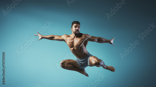 Sporty man jumping. Dynamic movement. Side view. Sport and healthy lifestyle