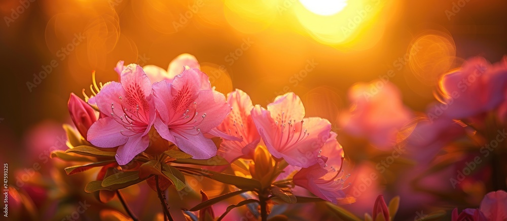A closeup photo of rhododendron flowers in a golden sunset with the sun shining behind them. A closeup photo of rhododendron flowers in a golden sunset with the sun shining behind them.