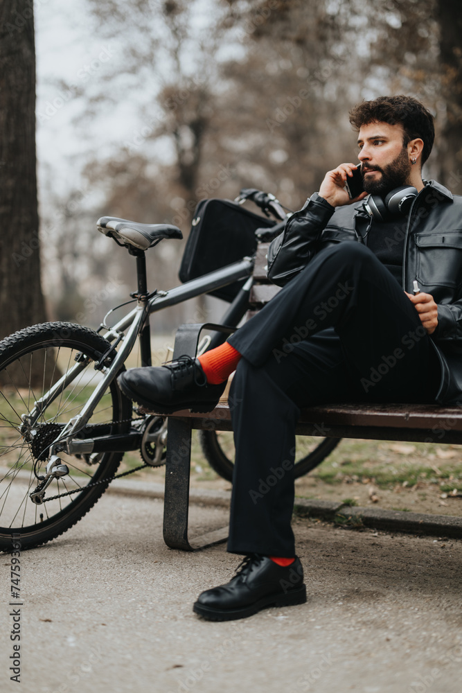 Handsome businessman working remotely while sitting on a park bench with his bicycle, enjoying a natural urban setting.