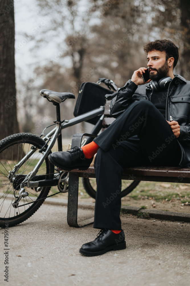Handsome businessman working remotely while sitting on a park bench with his bicycle, enjoying a natural urban setting. Handsome businessman working remotely while sitting on a park bench with his bicycle, enjoying a natural urban setting.