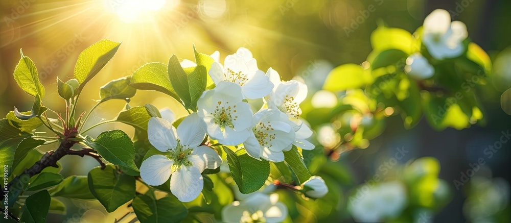 A close-up view of a tree adorned with beautiful white flowers, as the suns rays highlight the lush green branches.