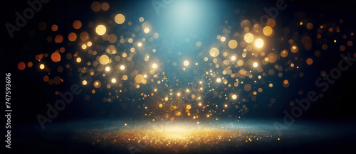 Banner with Golden Bokeh Lights on blue Background - Elegant and Dreamy Abstract Light Particles for Luxury Design.Sparkling Texture Ideal for Elegant Event Backdrops or Festive Wallpapers
