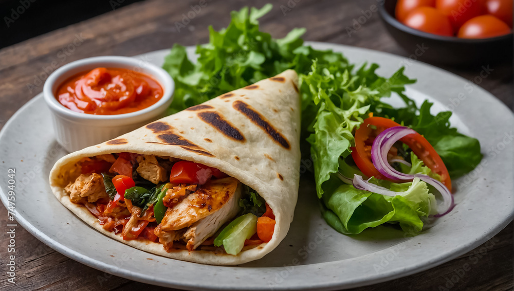 Delicious shawarma with chicken and vegetables in the kitchen Delicious shawarma with chicken and vegetables in the kitchen