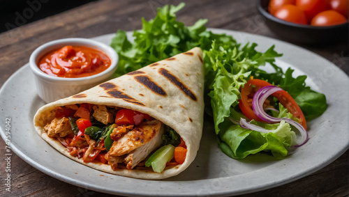 Delicious shawarma with chicken and vegetables in the kitchen