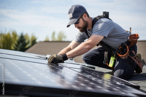 Installation of solar panels on the roof of the house by a man. Environment. Clean and ecological energy generation.