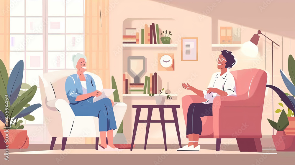 A woman sits in a chair while engaging in conversation with another woman sitting across from her A woman sits in a chair while engaging in conversation with another woman sitting across from her