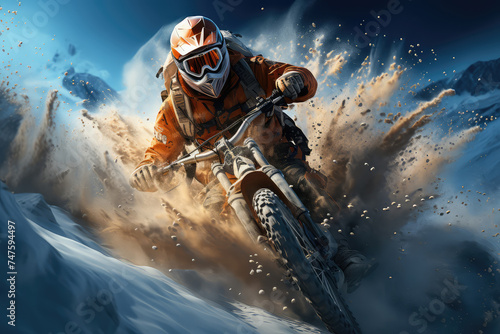 Active man confidently maneuvers his dirt bike on top of a snow-covered slope, showcasing skill and adventure in extreme winter sports