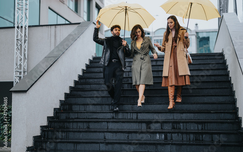 Trendy trio enjoying a casual stroll in the city with bright yellow umbrellas on a wet day  depicting urban lifestyle  friendship  and style.