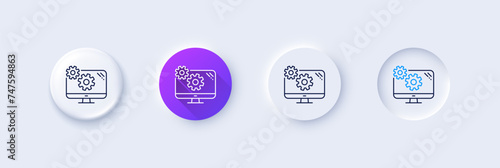 Settings line icon. Neumorphic, Purple gradient, 3d pin buttons. Cogwheel engineering tool sign. Cog gear symbol. Line icons. Neumorphic buttons with outline signs. Vector