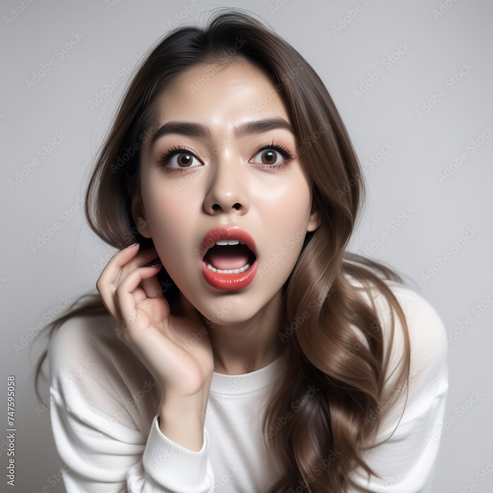 Beautiful girl with long hair acting shocked or surprised, wide mouth, red lipstick. ai generative