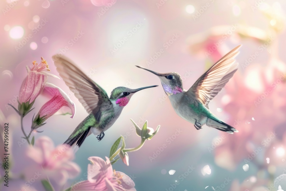two hummingbirds floating near flowers Generative AI - obrazy, fototapety, plakaty 