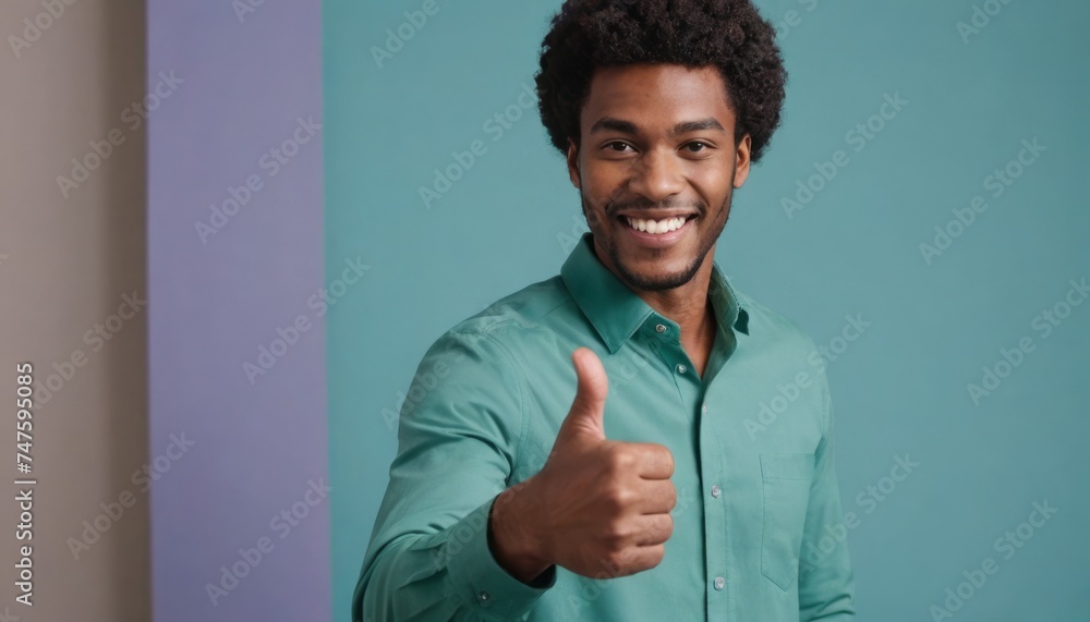 A confident man with curly hair gives a thumbs up in a teal green shirt. A confident man with curly hair gives a thumbs up in a teal green shirt.