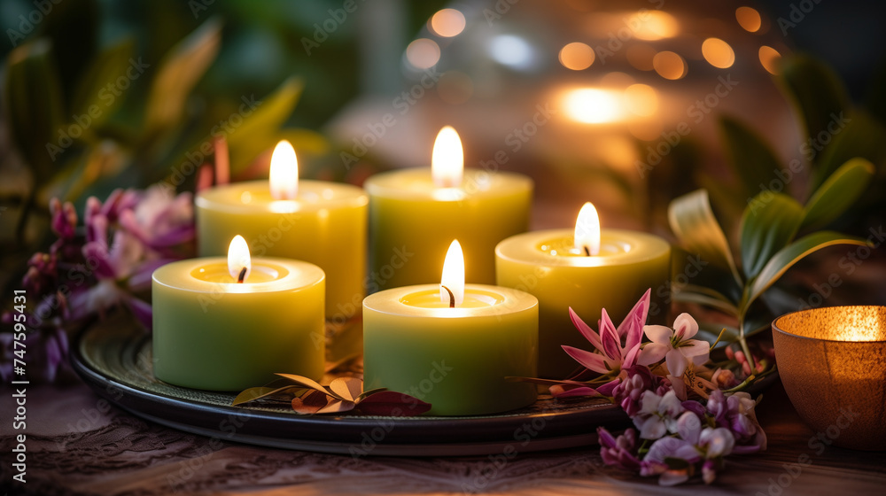 Set of green-yellow low burning candles, beautifully displayed on a tray, decorated with leaves and flowers Set of green-yellow low burning candles, beautifully displayed on a tray, decorated with leaves and flowers