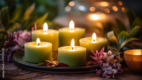 Set of green-yellow low burning candles, beautifully displayed on a tray, decorated with leaves and flowers