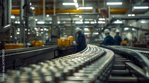 Correia transportadora em planta fabril visão ampla com lente de 50mm enfocando a linha de produção e os trabalhadores ao fundo photo