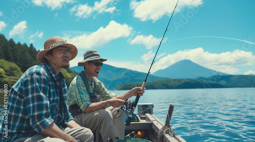  湖のボートで漁具を調整する幸せな日本人男性の友人GenerativeAI photo