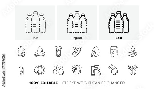 Bottle, Antibacterial filter and Tap water. Water drop line icons. Clean water linear icon set. Line icons set. Vector
