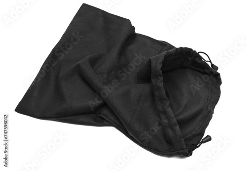 Open blank black luxury drawstring pouch isolated on white photo