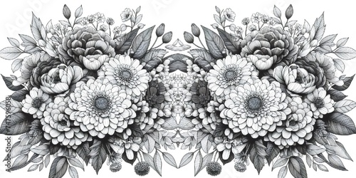 Two bouquets of chrysanthemums and dahlias on white background colouring books.