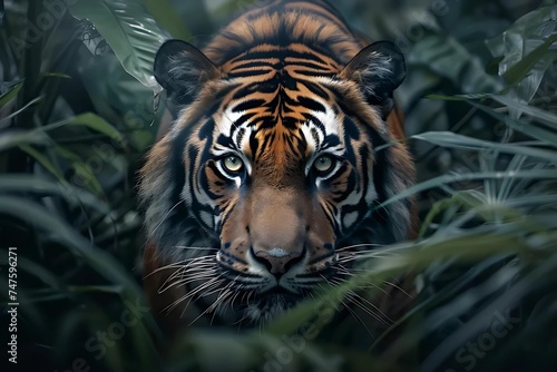 Witness the awe-inspiring presence of a focused tiger as it prowls through dense jungle foliage, eyes fixed on its elusive prey.
