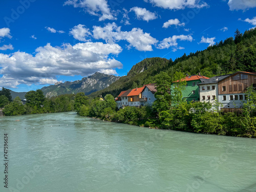 Germany, Fussen - 2022, May: Lech River and Colours Houses 