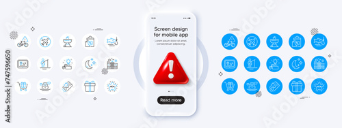 New star, Sale bags and Grill line icons. Phone mockup with 3d danger icon. Pack of Moon, Gps, Creative idea icon. Honeymoon cruise, Gift box, Airplane mode pictogram. Vector