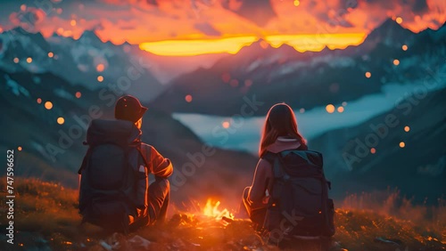 beautiful landscape camping in the mountains background.back view couple sitting by close up on campfire, generative ai photo