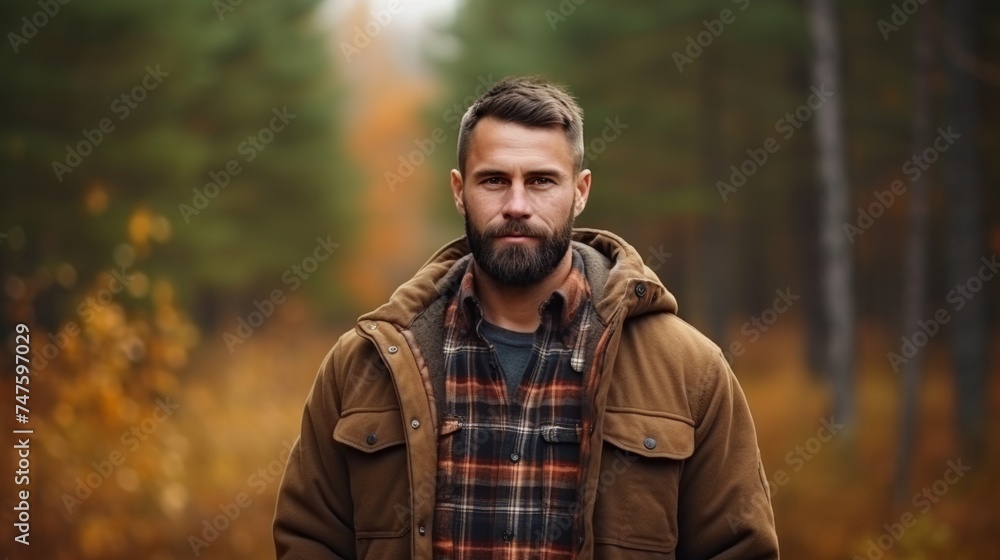 A man in a plaid shirt and dark brown jacket stands in the forest and looks at the camera with large copyspace area A man in a plaid shirt and dark brown jacket stands in the forest and looks at the camera with large copyspace area