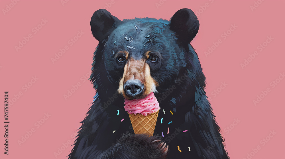 Black bear holds an ice cream in its claws and licks it - obrazy, fototapety, plakaty 