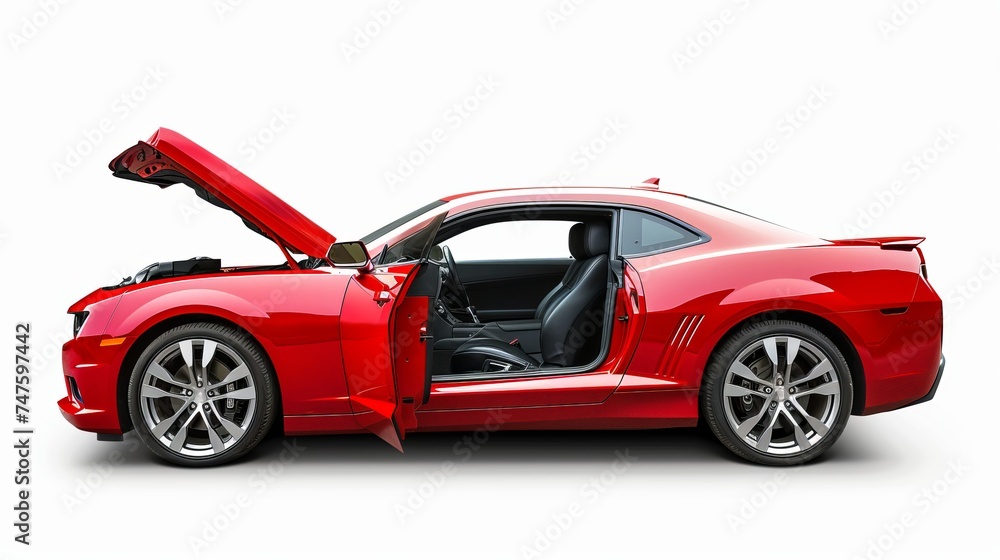a red new car, with the front bonnet open, isolated on white background