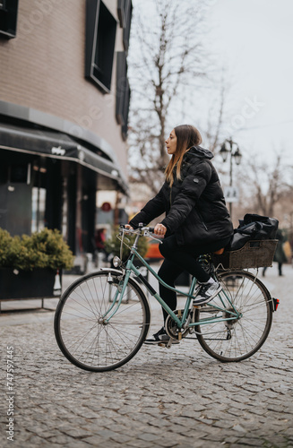 Urban lifestyle scene with a young woman riding a vintage bicycle in the city.