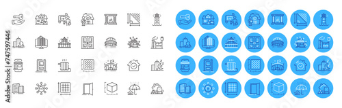 Circus, Sports stadium and Open door line icons pack. Plan, Entrance, Radiator web icon. Factory, Triangle area, Lighthouse pictogram. House security, Home facility, Door. Marketplace. Vector