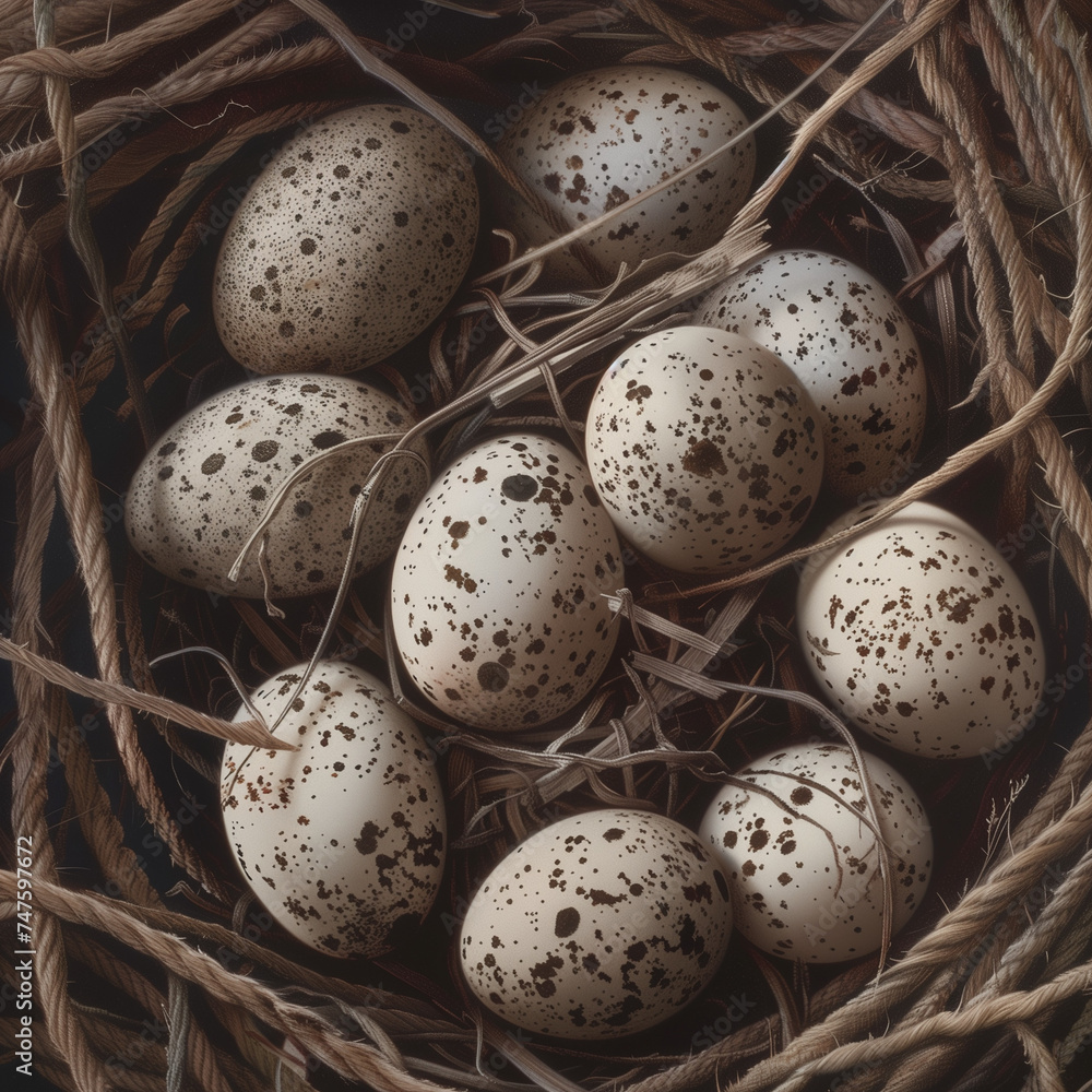 A delicate close-up of speckled bird eggs nestled within a nest woven with intricate precision