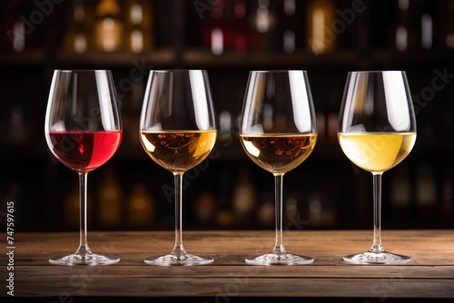 A variety of wine glasses filled with red, white, and rose wine. Assorted Wine Selection