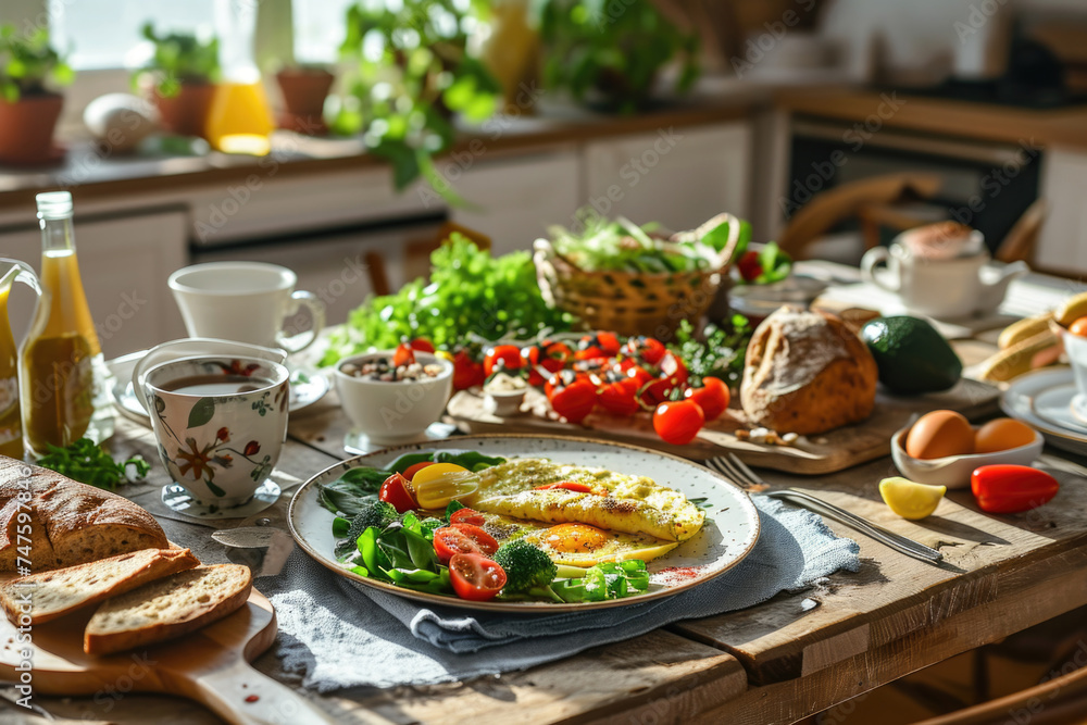 A morning spread featuring a well-set breakfast table adorned A morning spread featuring a well-set breakfast table adorned