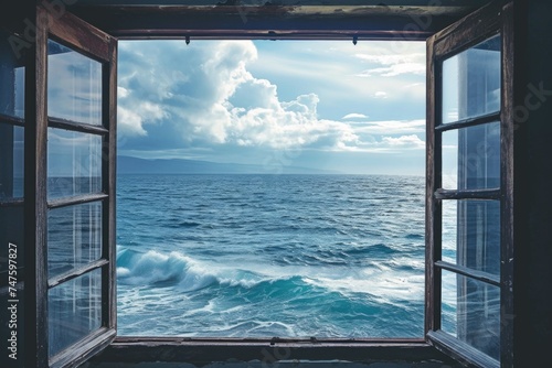 An idyllic scene from an open window  revealing an endless sea meeting the sky in a serene union of azure waves