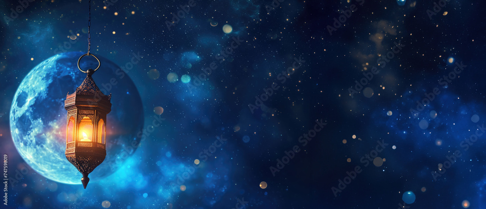 Ramadan Night: Moonlit fairy tale against a dark blue sky and stars. The oriental lantern creates an atmosphere of mystery Ramadan Night: Moonlit fairy tale against a dark blue sky and stars. The oriental lantern creates an atmosphere of mystery