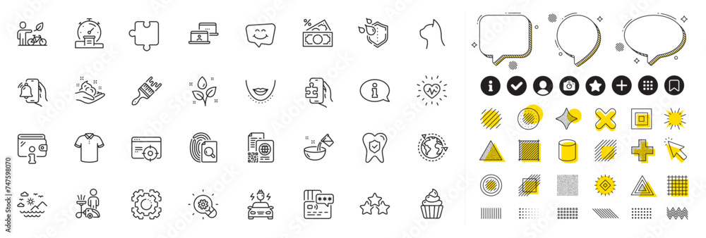 Set of Smile chat, Card and Seo gear line icons for web app. Design elements, Social media icons. Car charging, T-shirt, Brush icons. Wallet, Cooking water, Money tax signs. Vector Set of Smile chat, Card and Seo gear line icons for web app. Design elements, Social media icons. Car charging, T-shirt, Brush icons. Wallet, Cooking water, Money tax signs. Vector
