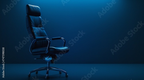 Photo of a strong and realistic office chair with black background and faded blue in the background