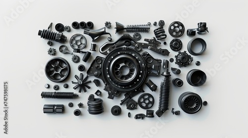 black car parts center composition, white background,