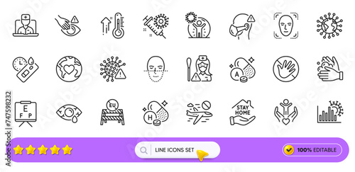 Nurse  Volunteer and Coronavirus line icons for web app. Pack of Do not touch  Donation  Face detection pictogram icons. Vitamin a  Covid virus  Eu close borders signs. Covid test. Search bar. Vector
