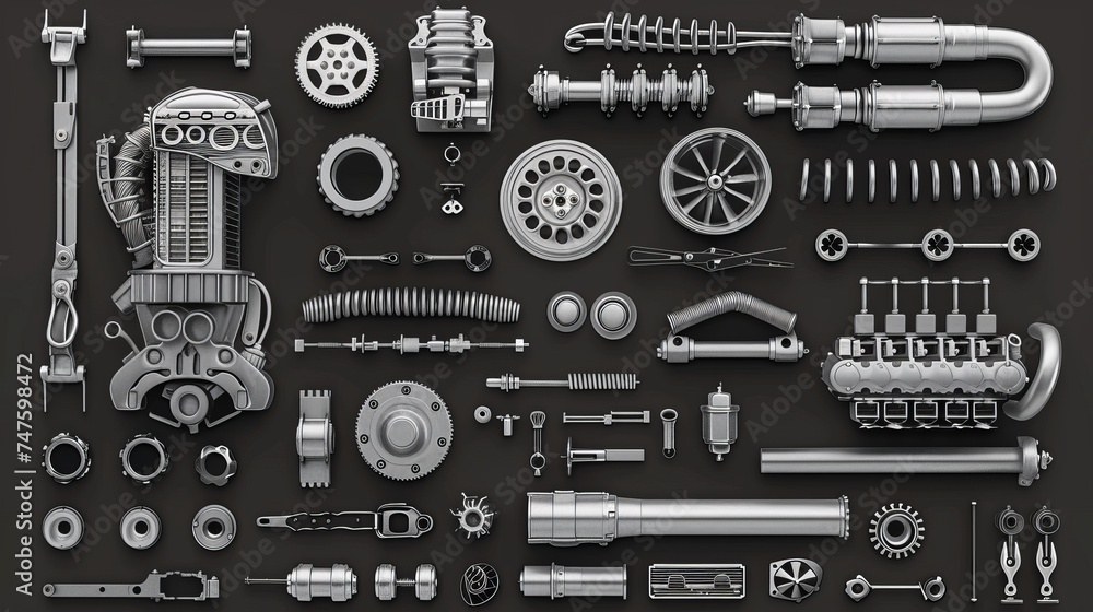 Car Parts Technical Drawing, automobile car machine engine 3D vector. car service elements isolated on black background. - obrazy, fototapety, plakaty 