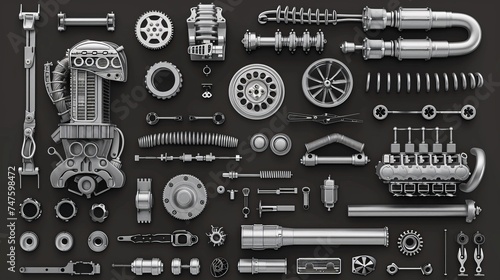 Car Parts Technical Drawing, automobile car machine engine 3D vector. car service elements isolated on black background.