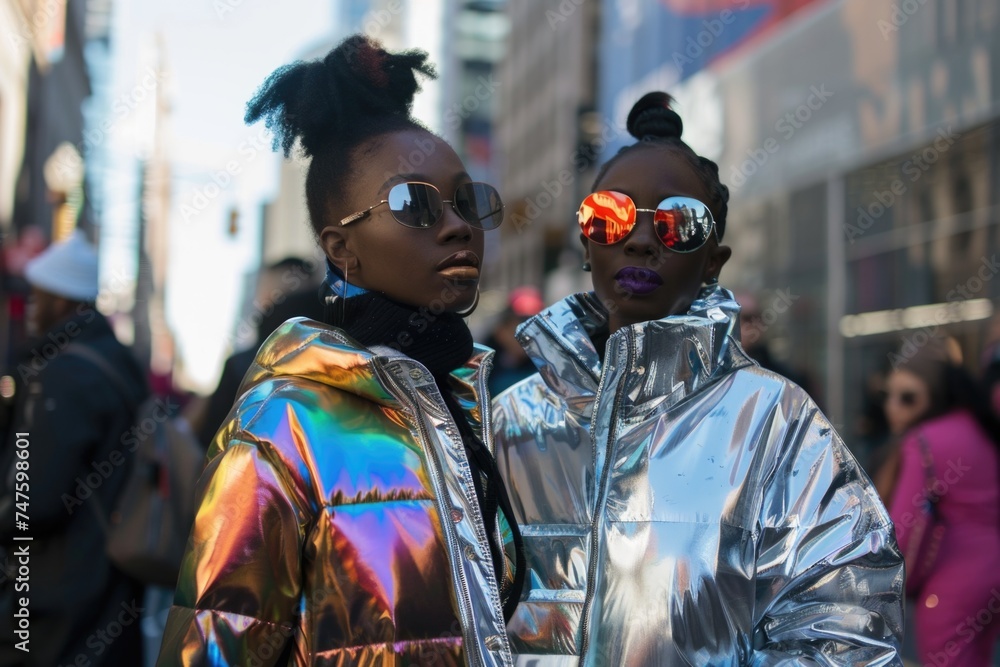 Two stylish women wearing shiny jackets stand confidently on a bustling city street, exuding a sense of urban glamour and modern sophistication