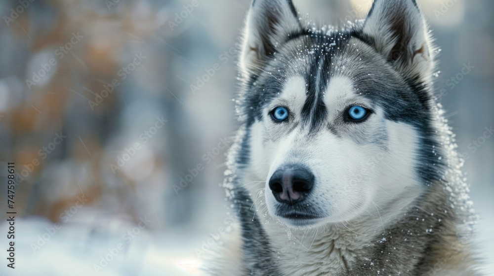 A majestic Siberian husky looks directly into the camera, its striking blue eyes radiating intelligence and strength