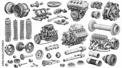 Car Parts Technical Drawing, automobile car machine engine 3D vector. car service elements isolated on white   background. photo